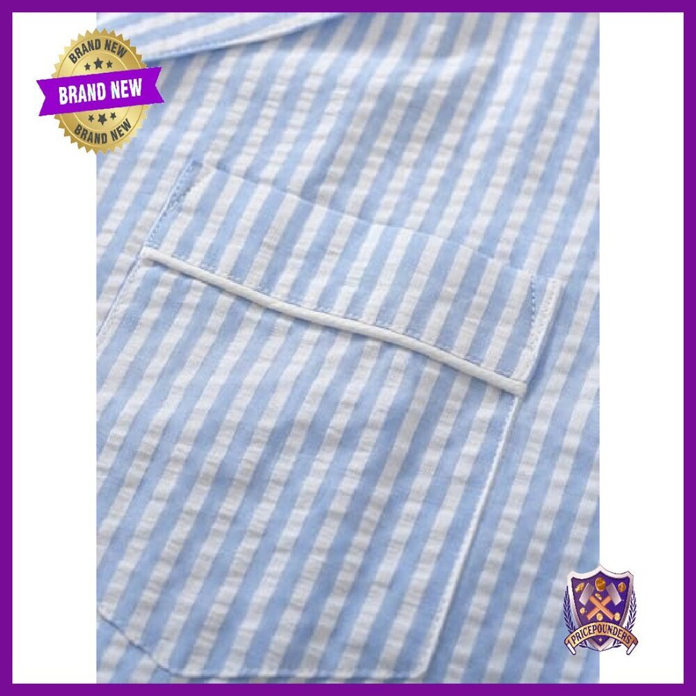 Cotton Seersucker Capri Pajama Set Button Up Top Lounge Wear - Picture 7 of 8